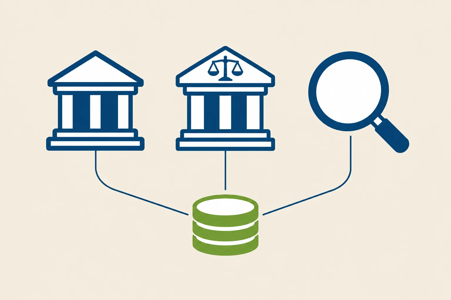 Illustrazione: una banca, un tribunale con la bilancia e una lente d'ingrandimento collegati a un archivio di dati, le tre strade per individuare la banca del debitore