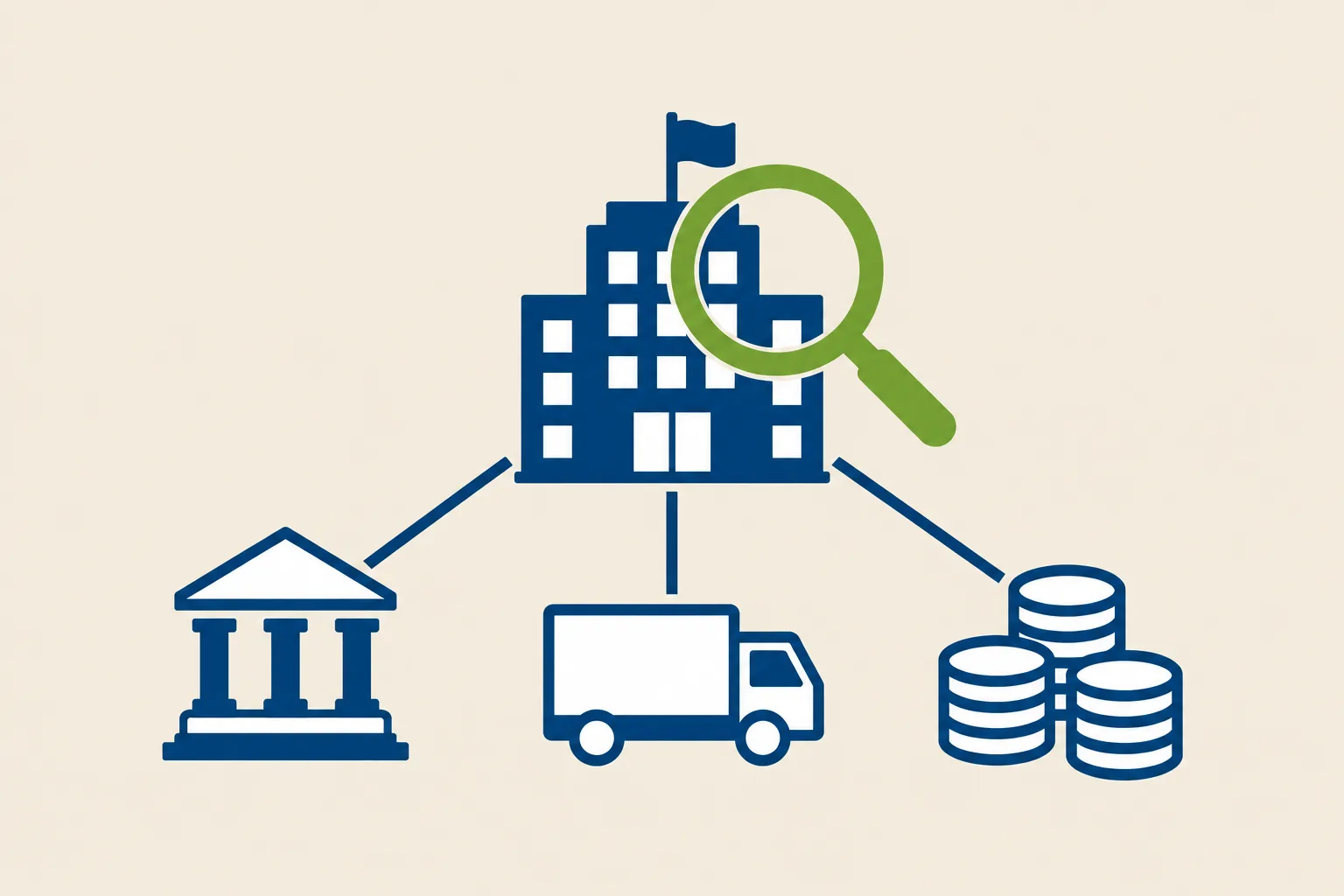 Illustrazione: la sede di una società esaminata con una lente d'ingrandimento e collegata a una banca, a un veicolo commerciale e a una pila di monete