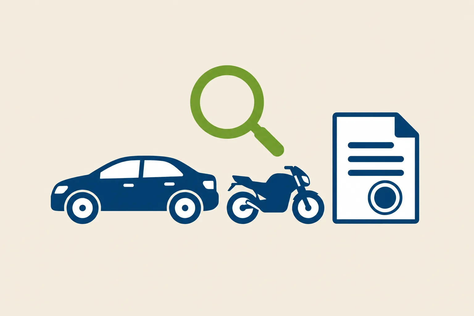 Illustrazione: un'automobile e una moto accanto a una lente di ingrandimento e a un documento con timbro, a rappresentare il rintraccio dei veicoli intestati al debitore nel registro PRA